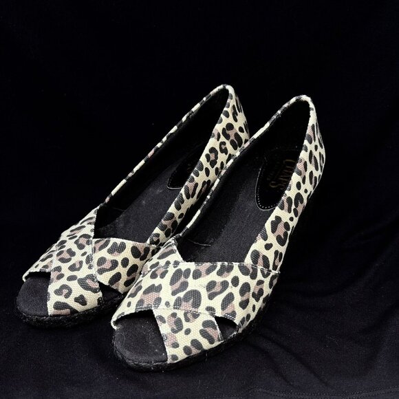 Chaps Dakoda Womens Peep‎ Toe Heels Cheetah Print Wedge Pumps Size 8M Woven - Picture 2 of 8
